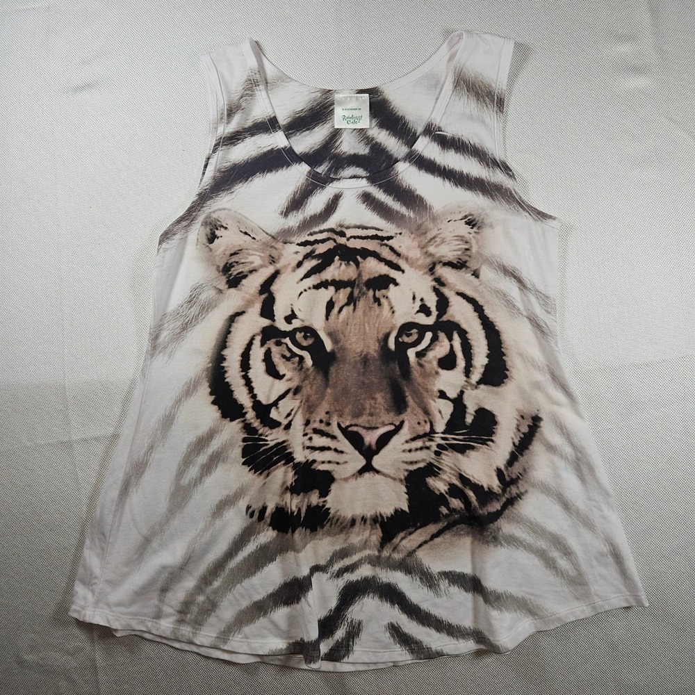 Rainforest Cafe Tiger Graphic Tank Top White Grey Animal Print Souvenir Large